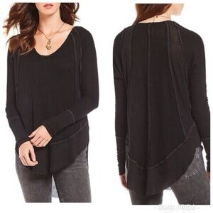 We The Free Catalina Black Tunic Top Waffle Knit Thermal Tee